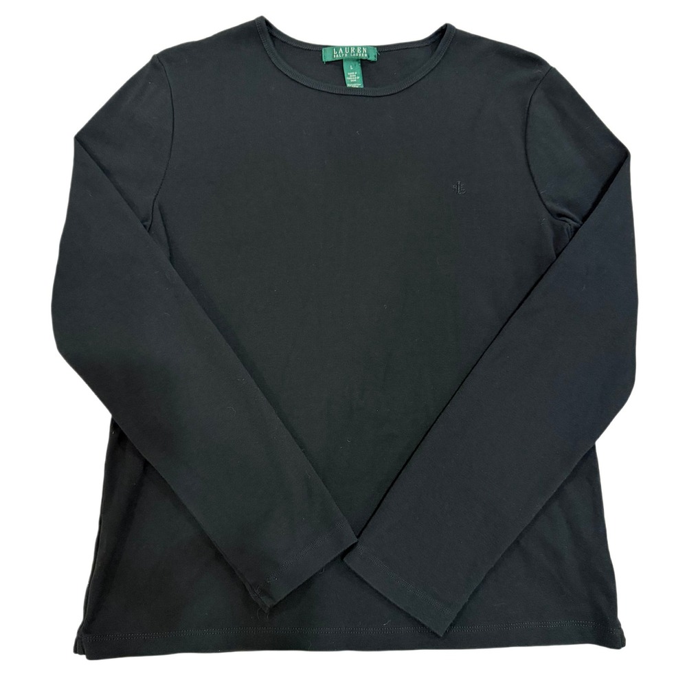 Lauren Ralph Lauren Women's Long Sleeve Crewneck T-Shirt Black Large Cotton